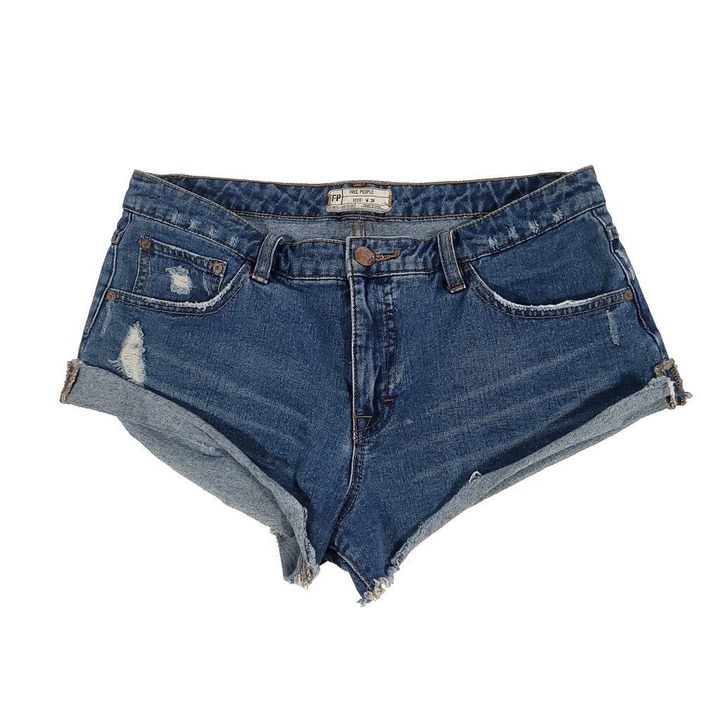 Free People Mini Denim Shorts 28‎ Rolled Med Wash Distressed daisy dukes booty